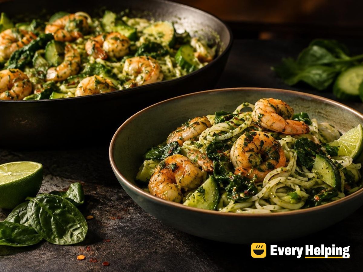 Shrimp Noodle Bowls with Spinach-Herb Sauce