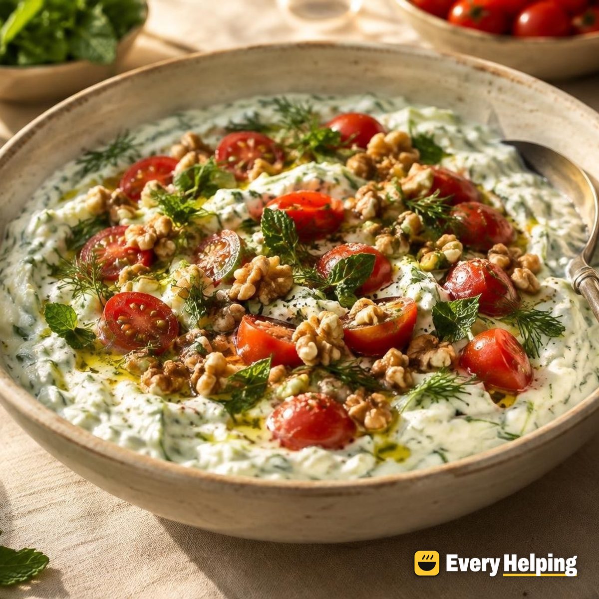 Greek Yogurt Bowls with Dill, Mint and Tomatoes
