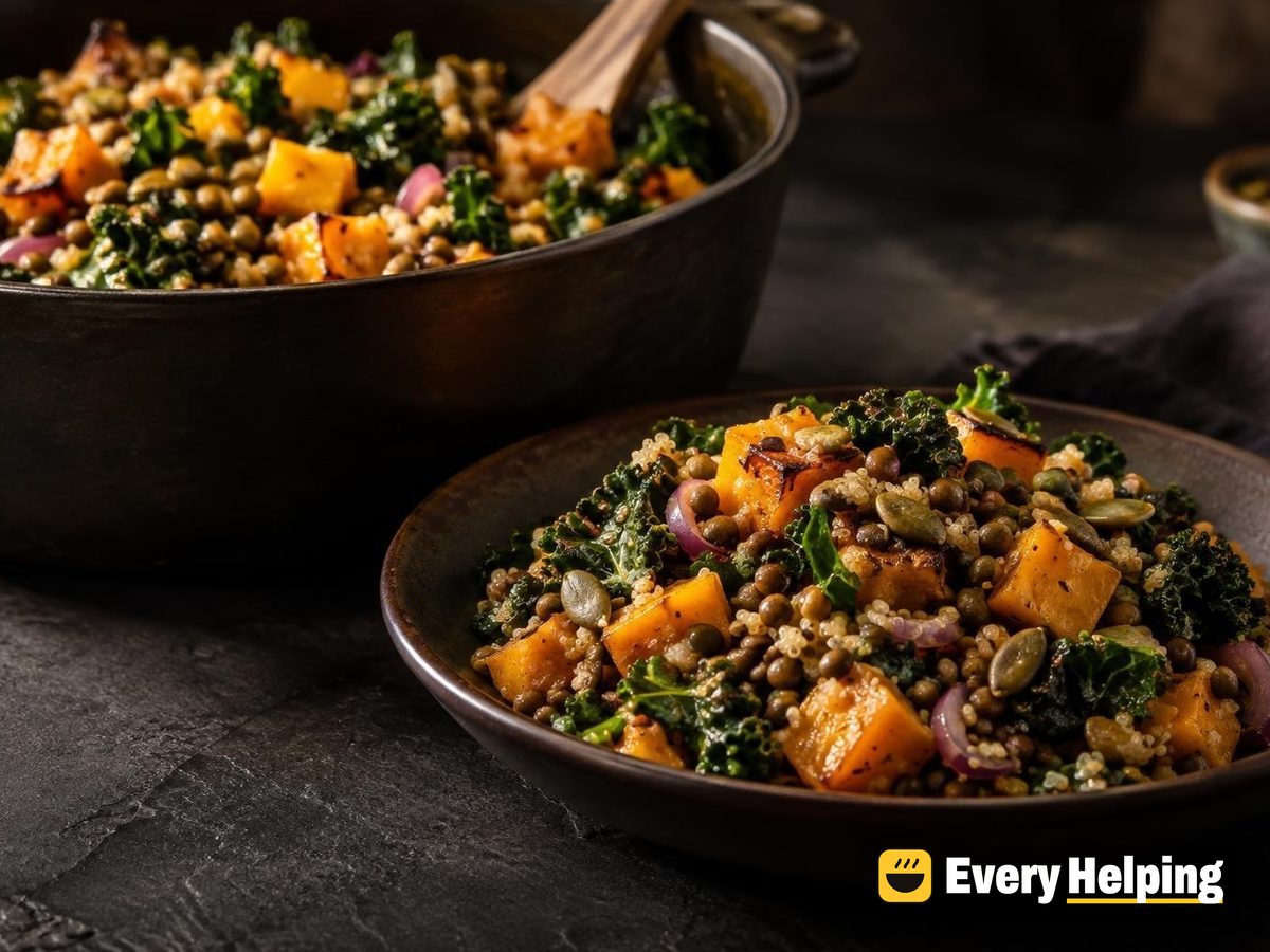 Warm Lentil, Quinoa and Roasted Squash Kale Salad