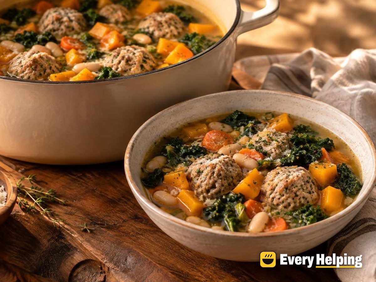Italian Pork Meatball Soup with Kale and Beans