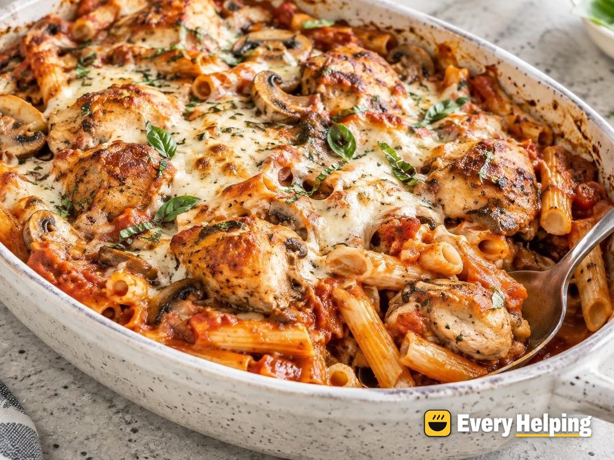 Baked Chicken Mushroom Ziti in Tomato Basil