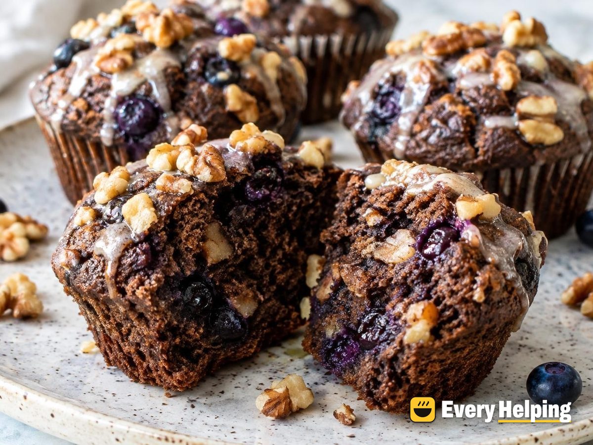 Chocolate Walnut Blueberry Muffins with Maple Glaze