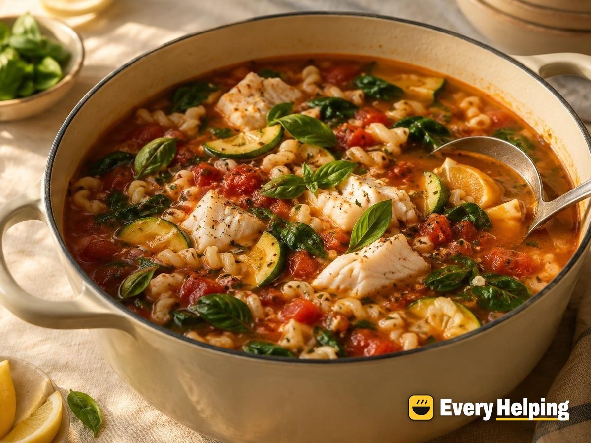 Tomato Cod Noodle Soup with Zucchini