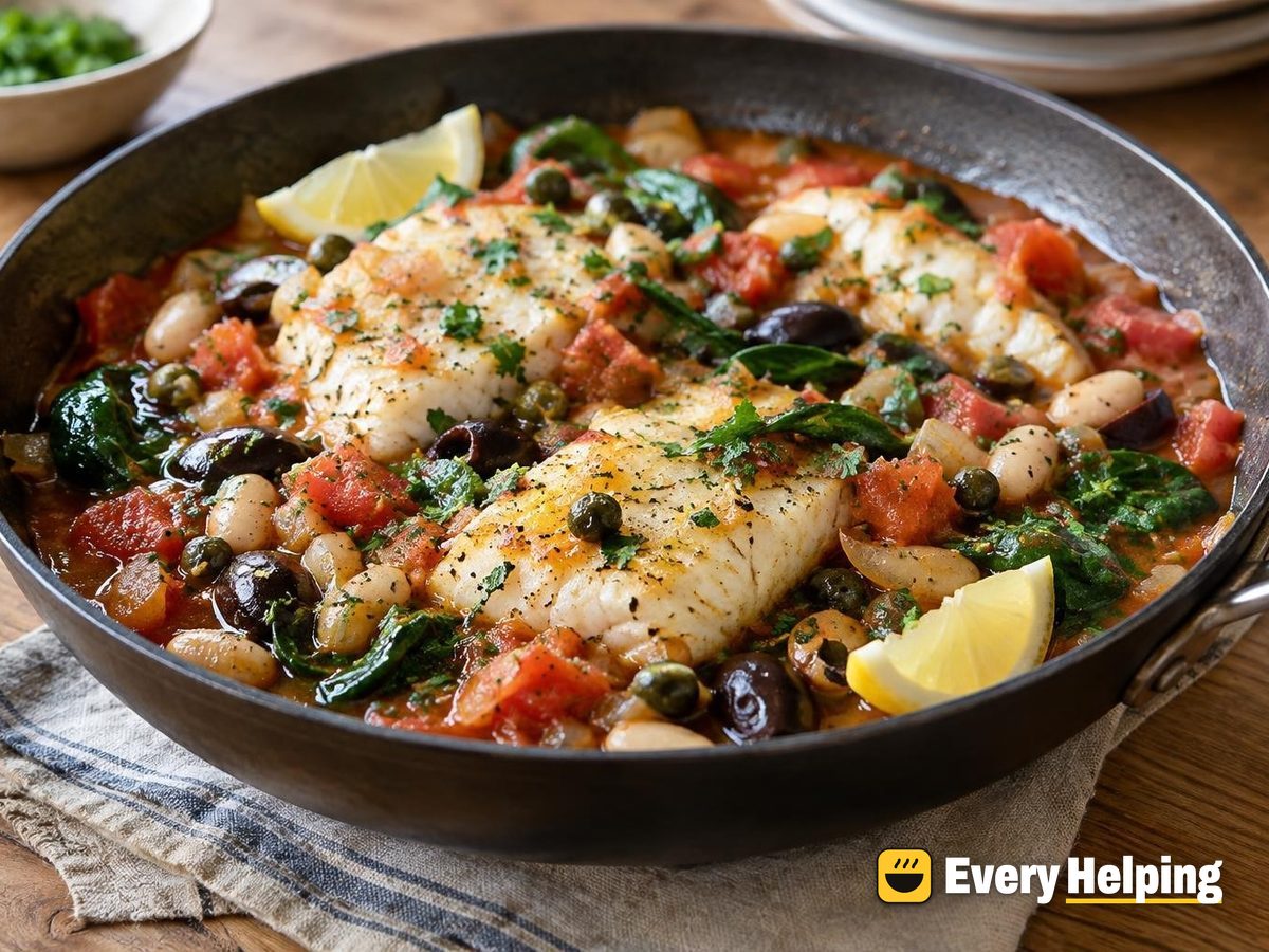 Skillet Cod with Tomatoes, Olives and Capers