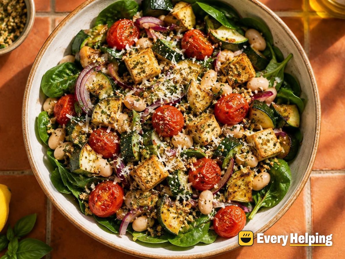 Roasted Tofu, Zucchini and Tomato Spinach Salad