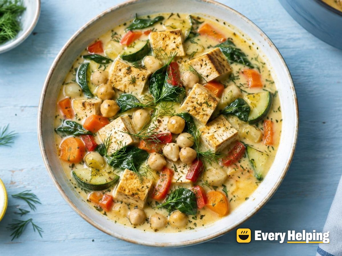 Mediterranean Coconut Tofu Soup with Chickpeas
