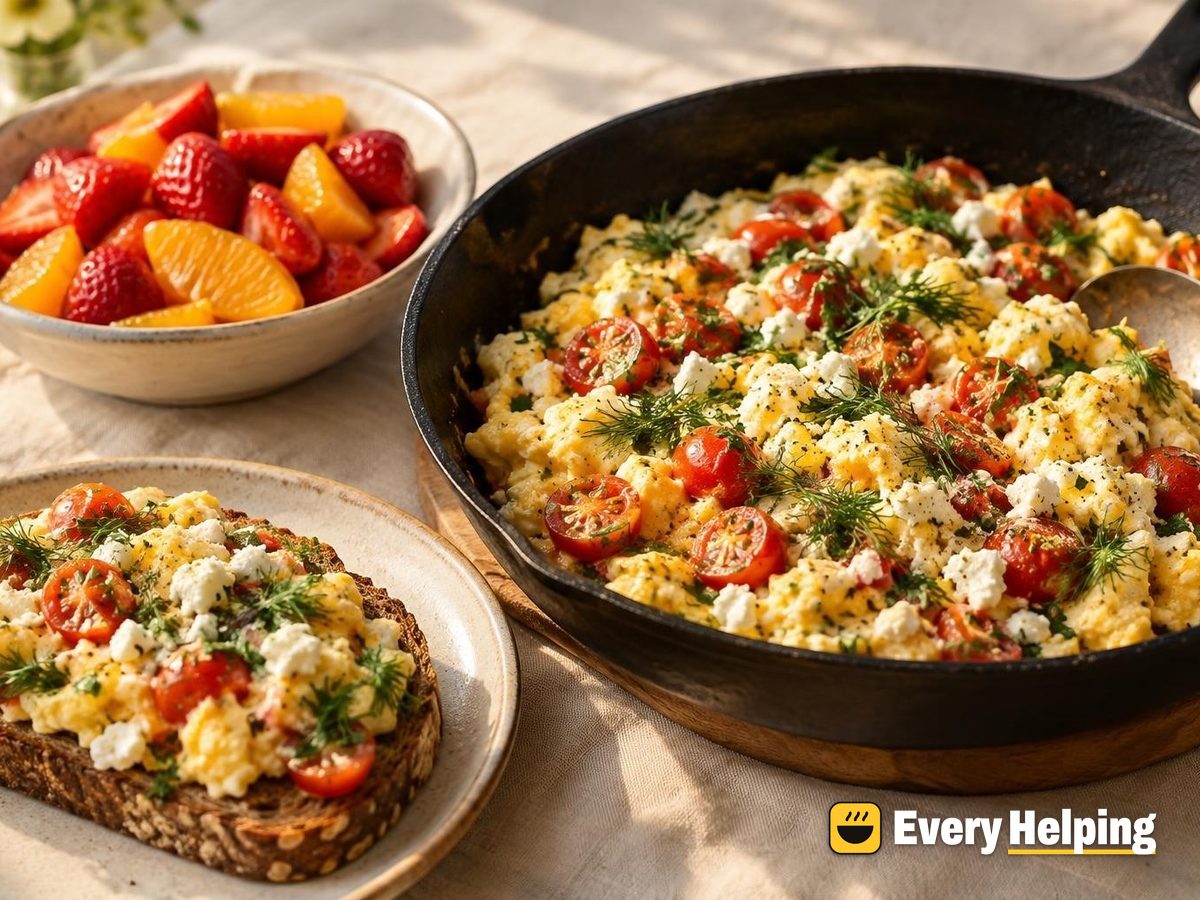 Soft Herb-Tomato Egg Scramble with Fruit