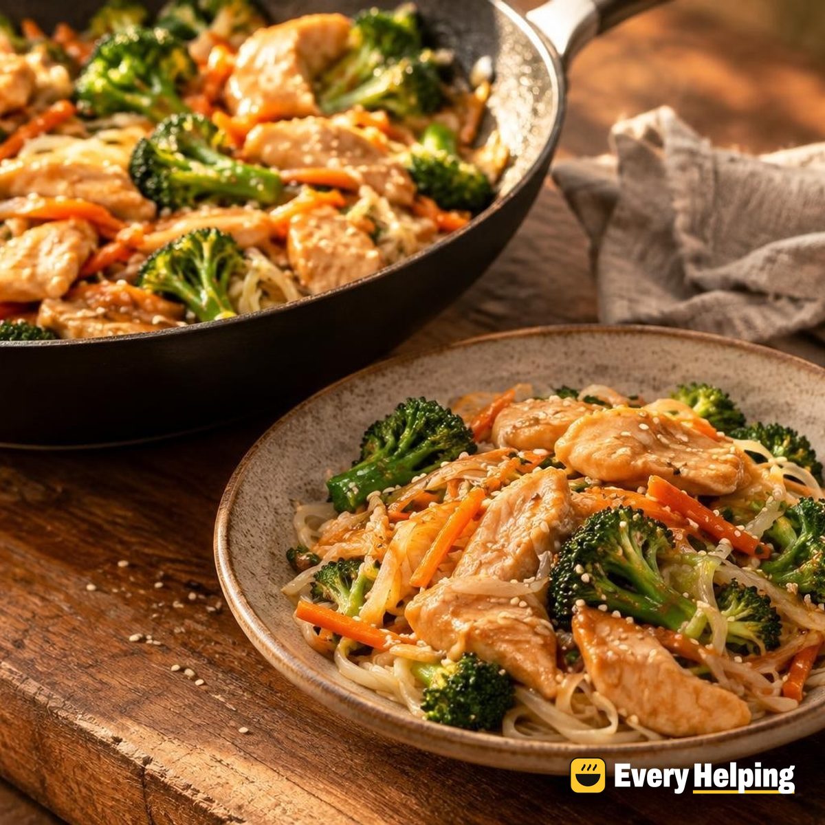 Velvet Chicken Breast with Broccoli, Carrots and Noodles