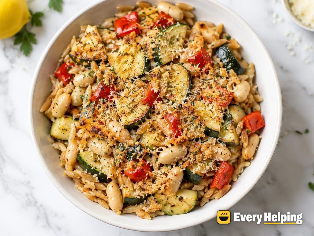 Garlic Oil Orzo-Style Bake with Zucchini and White Beans