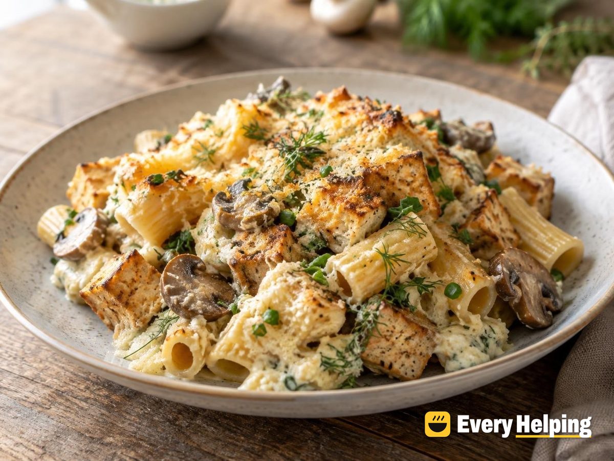 Baked Tofu Rigatoni with Mushroom Herb Cream