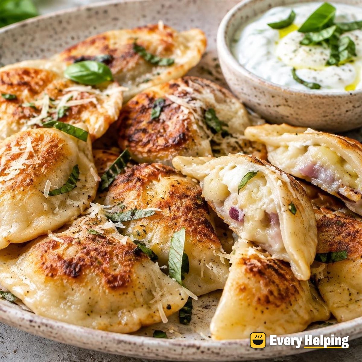 Garlic-Parmesan Potato Pierogi, Basil Yogurt