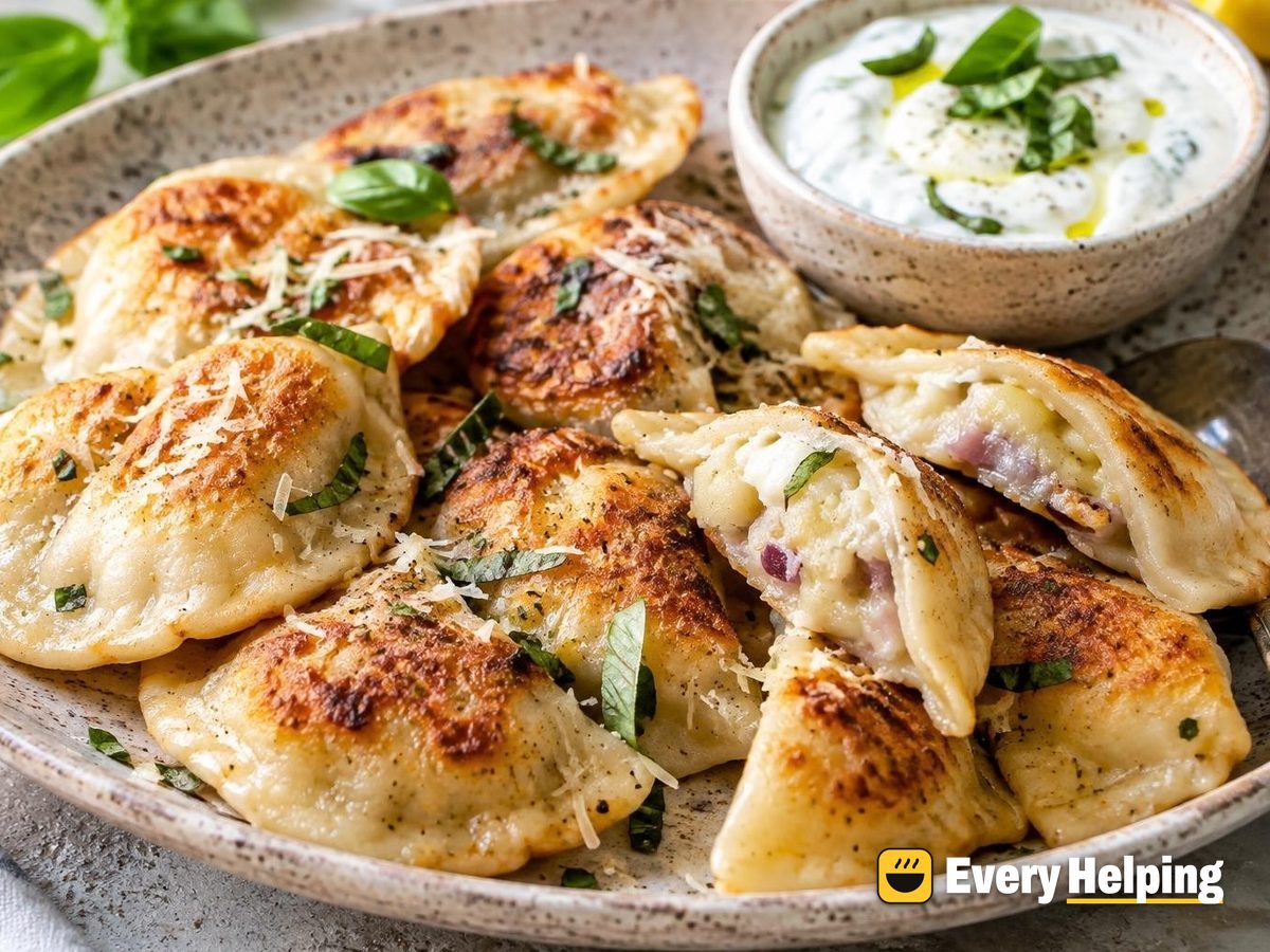 Garlic-Parmesan Potato Pierogi, Basil Yogurt