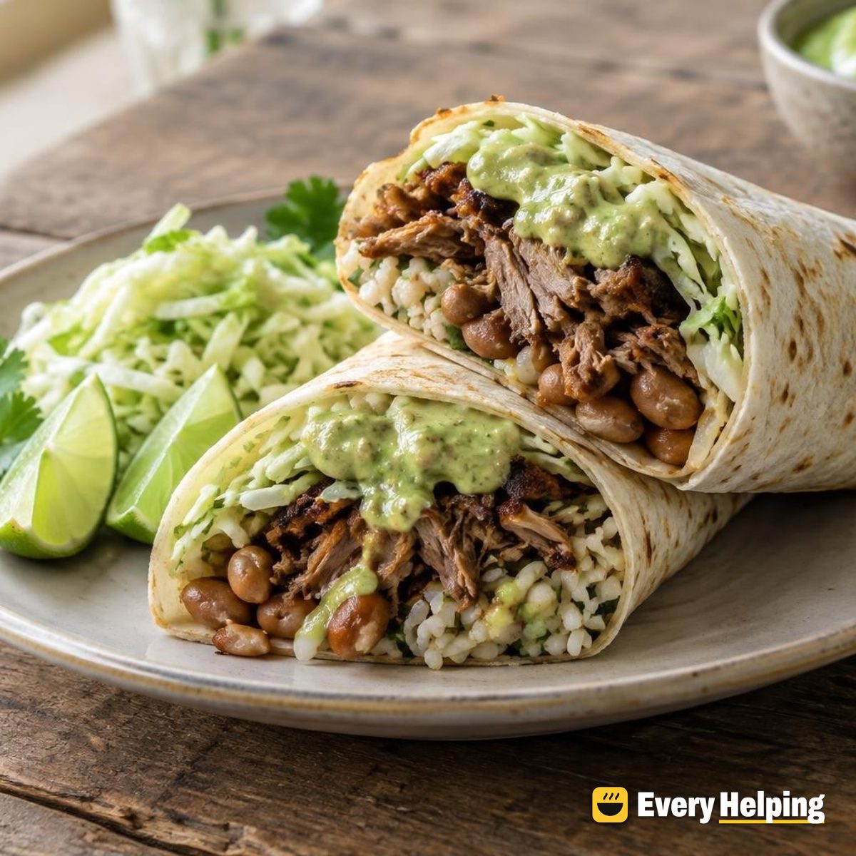 Citrus Pork Carnitas Burritos with Avocado Sauce