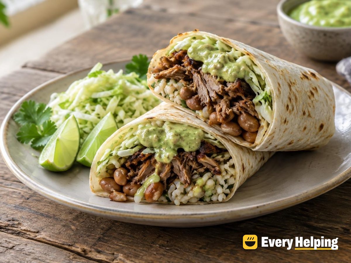 Citrus Pork Carnitas Burritos with Avocado Sauce