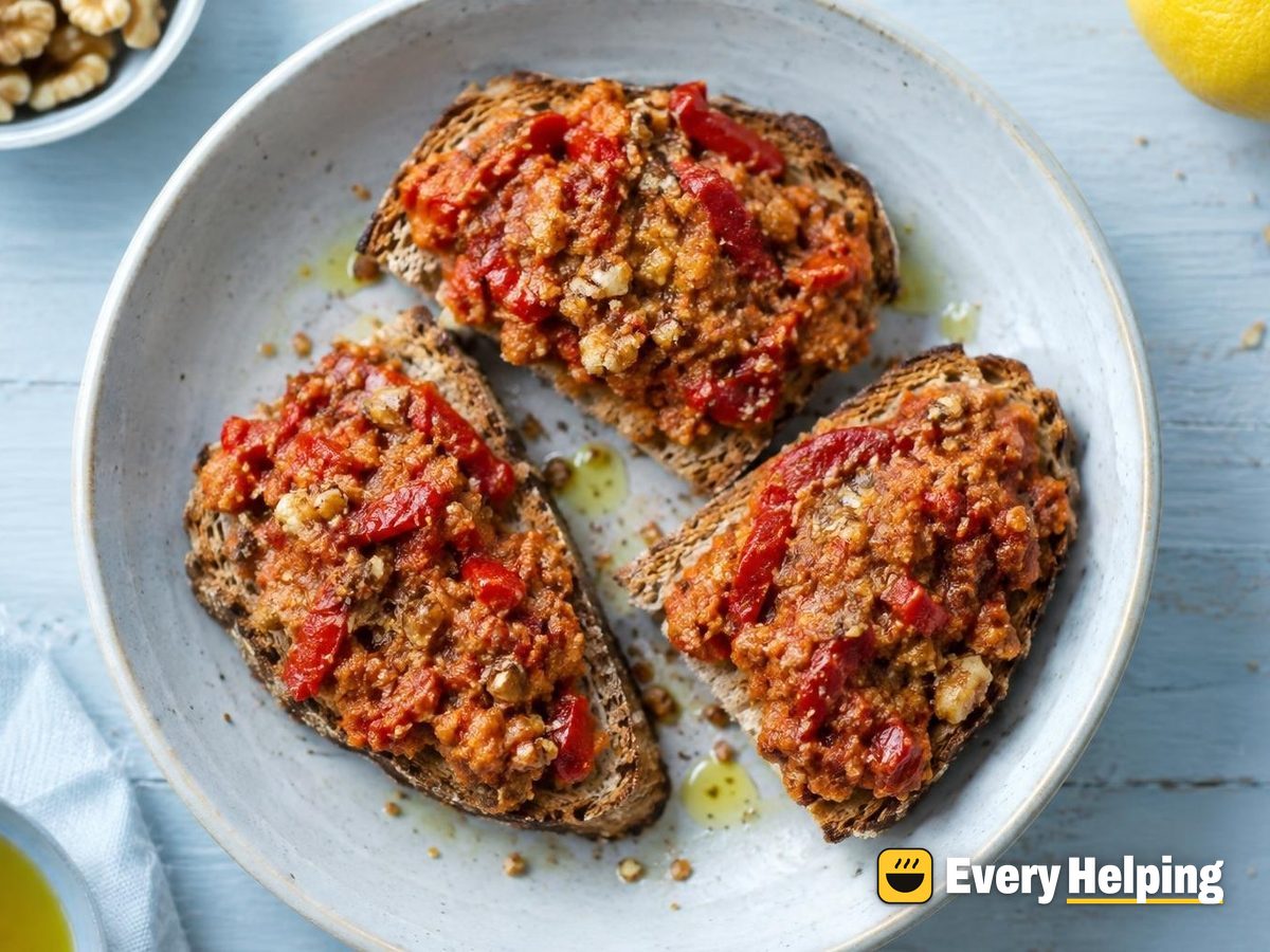 Roasted Red Pepper Walnut Spread on Toast