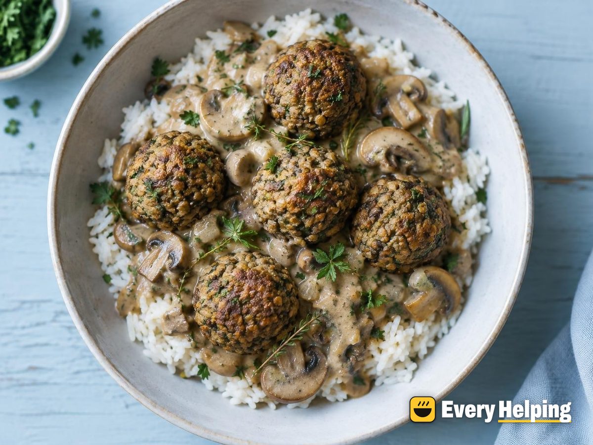 Herbed Lentil Balls in Creamy Mushroom Gravy