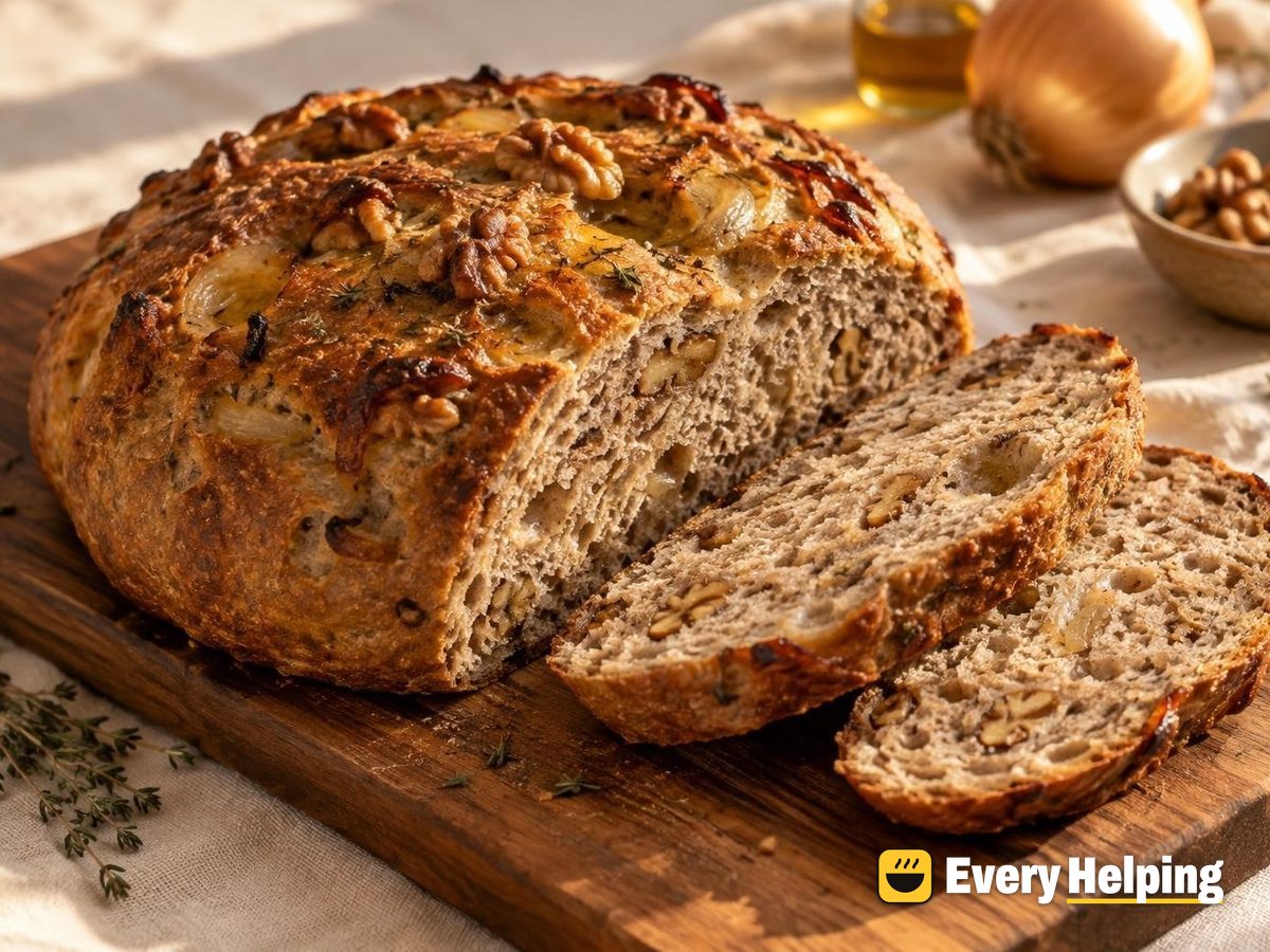 Caramelized Onion Walnut Rye Focaccia Boule