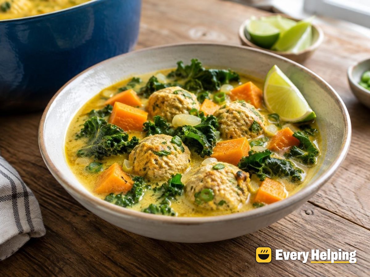 Turmeric Coconut Turkey Meatball Soup with Kale