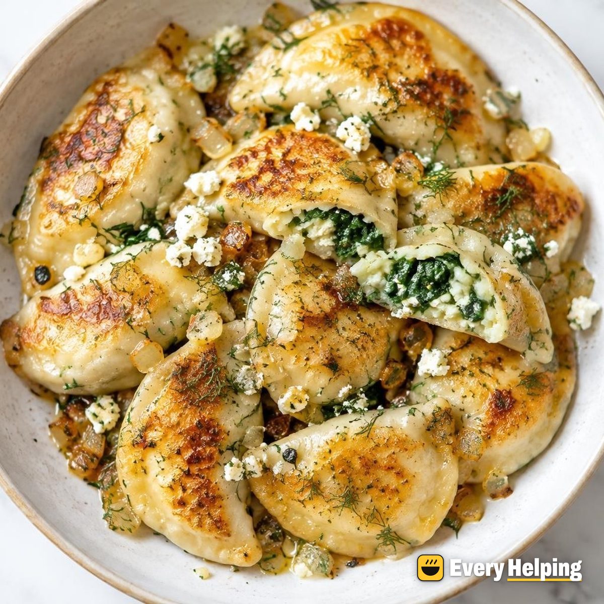 Feta-Spinach Potato Pierogi, Garlic Onion Butter