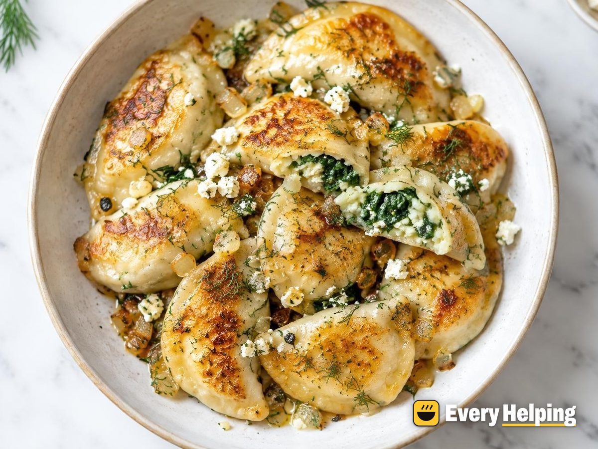 Feta-Spinach Potato Pierogi, Garlic Onion Butter