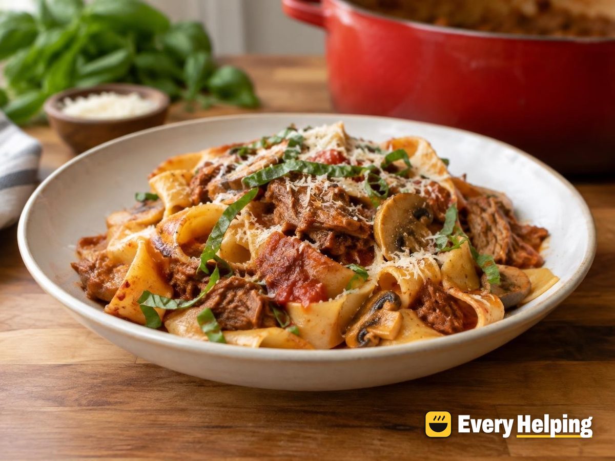 Pork Ragù Pappardelle with Mushrooms and Basil