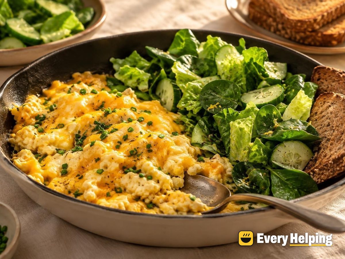 Soft Cheddar-Chive Scramble with Lemony Greens
