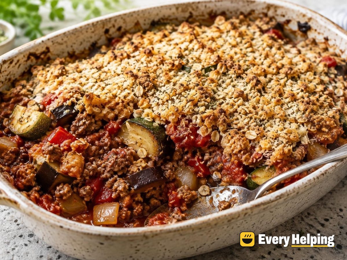 Beef, Eggplant and Zucchini Bake with Oat Crumb