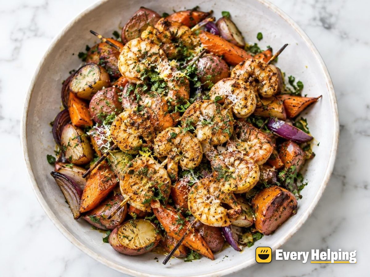 Cumin-Coriander Shrimp Skewers with Roasted Roots