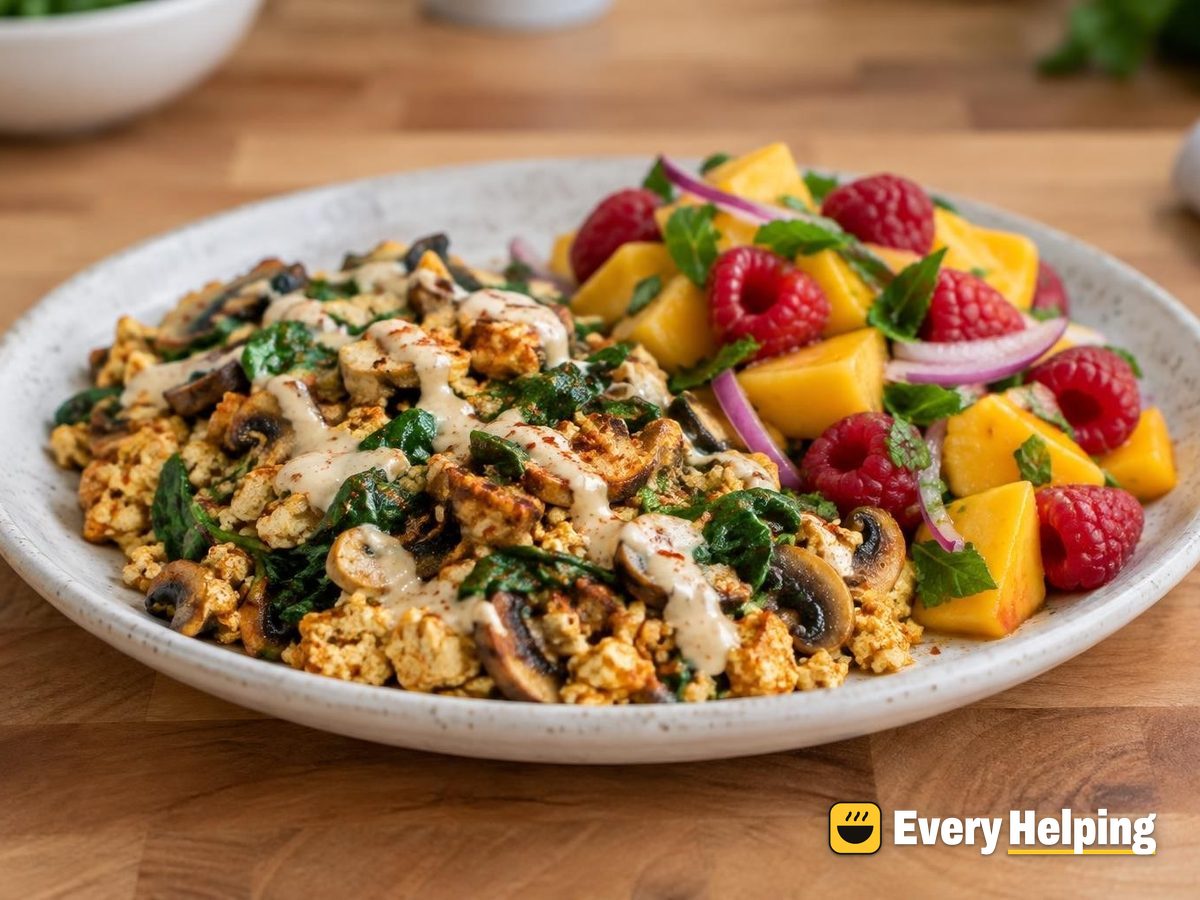 Smoky Tahini Tofu Scramble with Mango Salad
