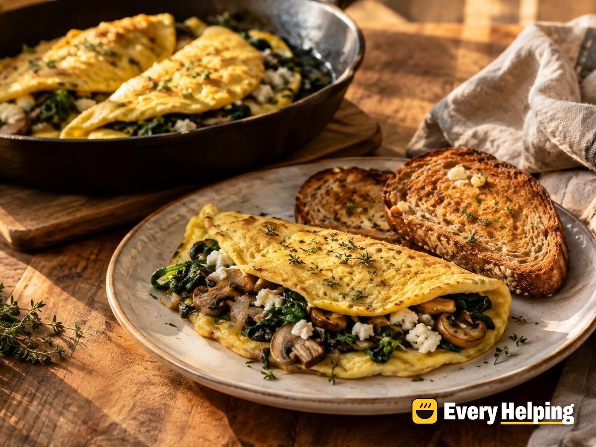 Folded Mushroom-Spinach Omelets with Garlic Toast