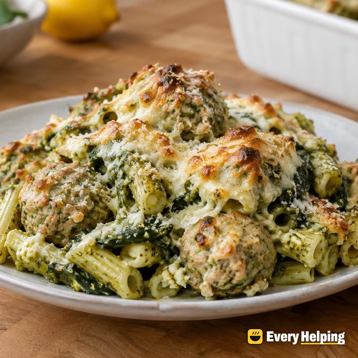 Turkey Meatball Ziti Bake with Spinach Pesto