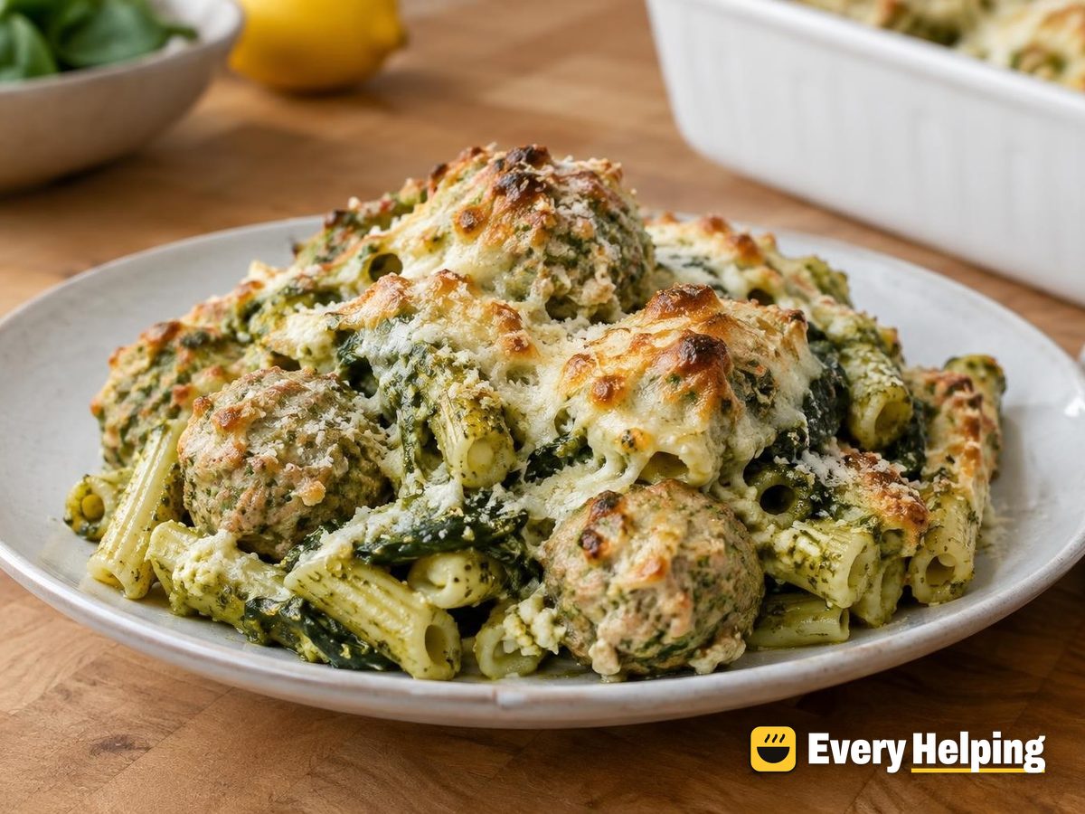 Turkey Meatball Ziti Bake with Spinach Pesto