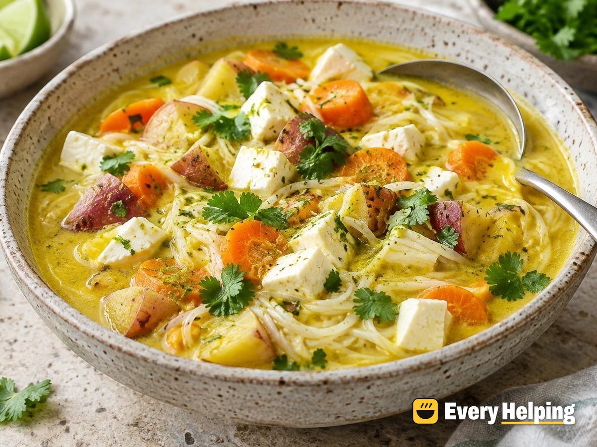 Golden Coconut Noodle Soup with Queso Fresco