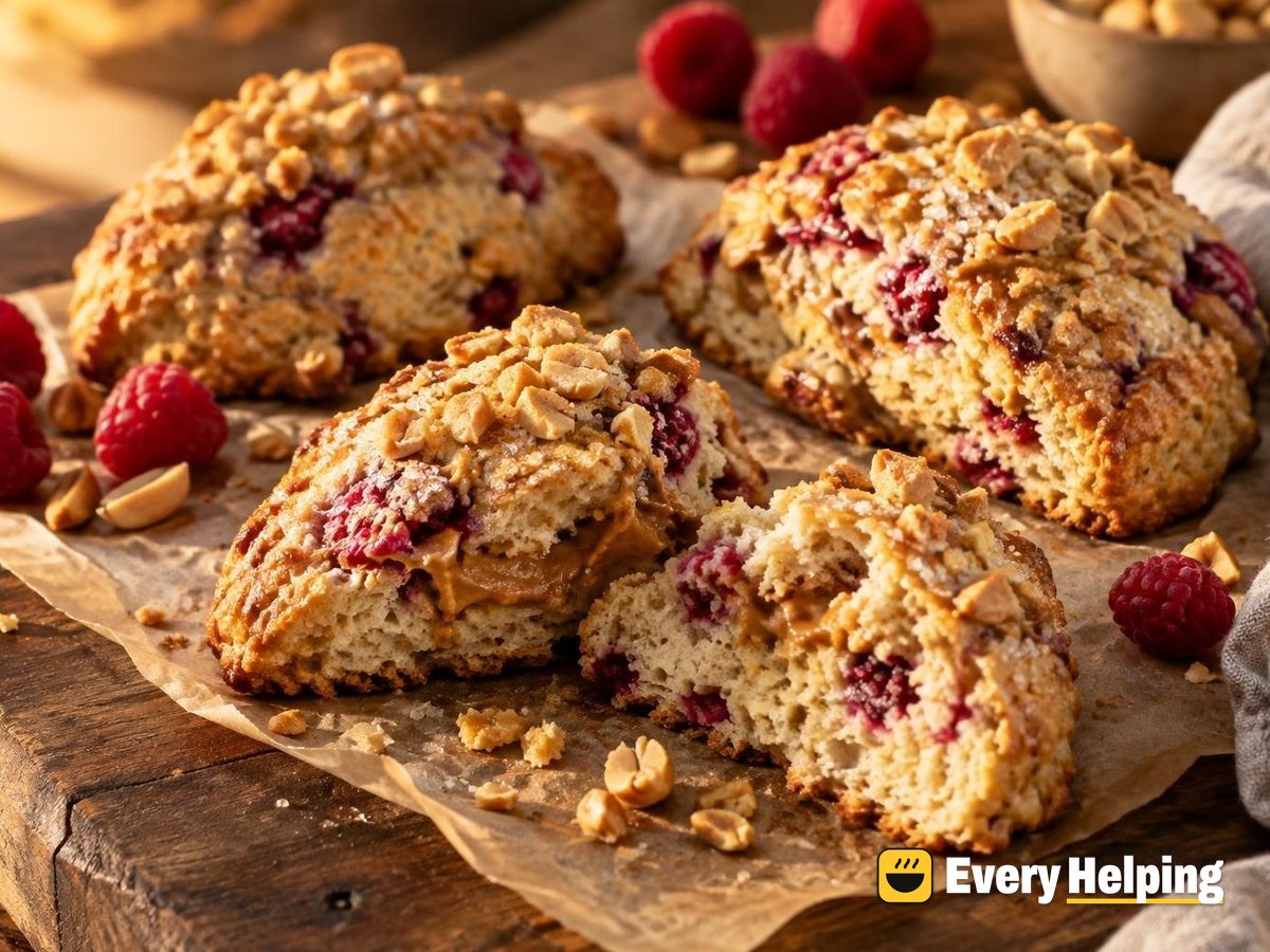 Peanut Butter Raspberry Scones with Crunchy Peanuts