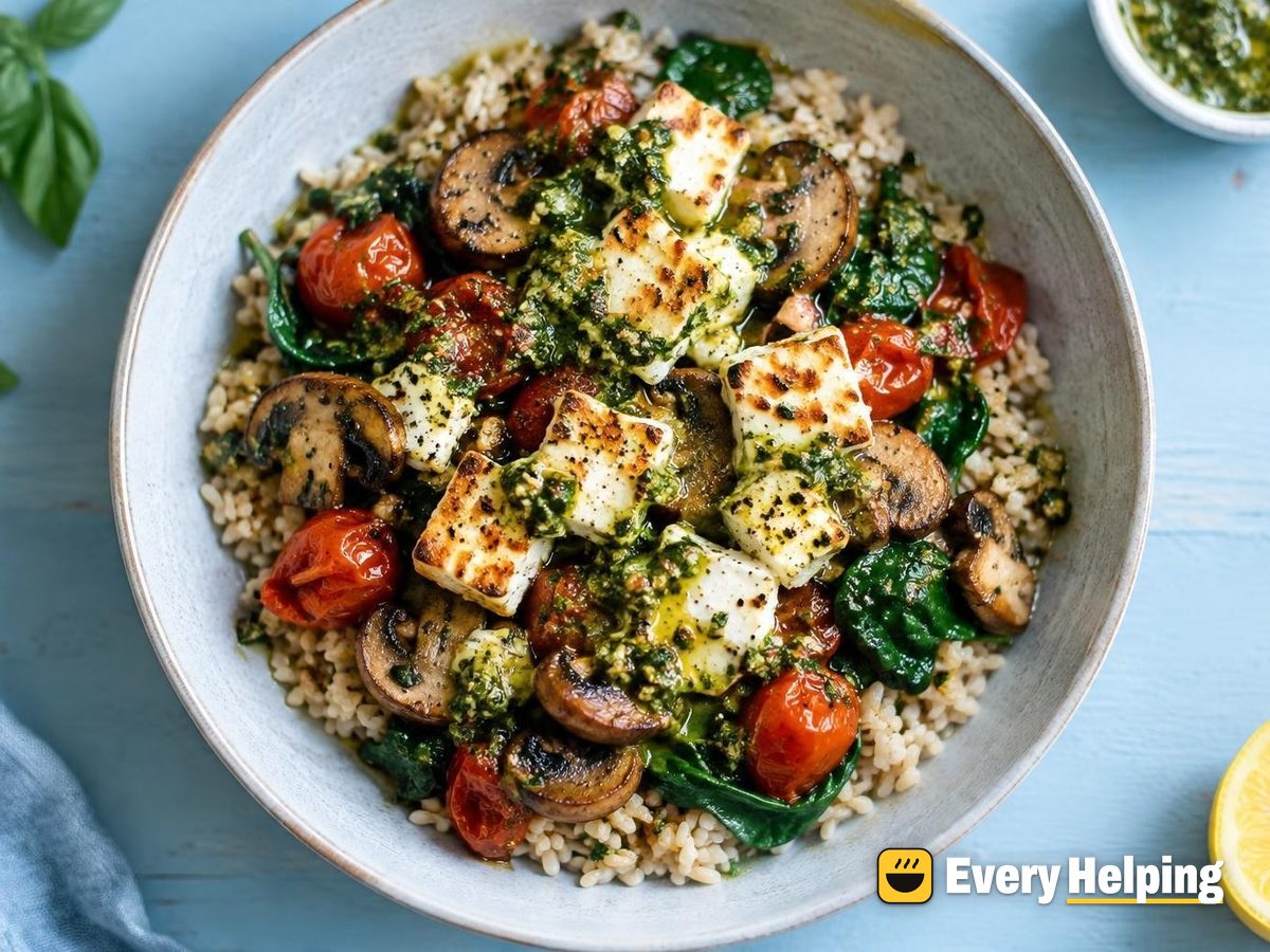 Halloumi-Style Seared Feta Rice Bowls with Pesto