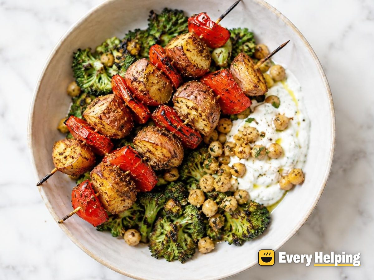 Cumin-Coriander Potato Skewers with Chickpea Yogurt