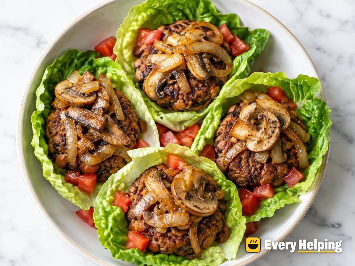 Smoky Pinto Lentil Burgers with Mushroom-Onion Topping