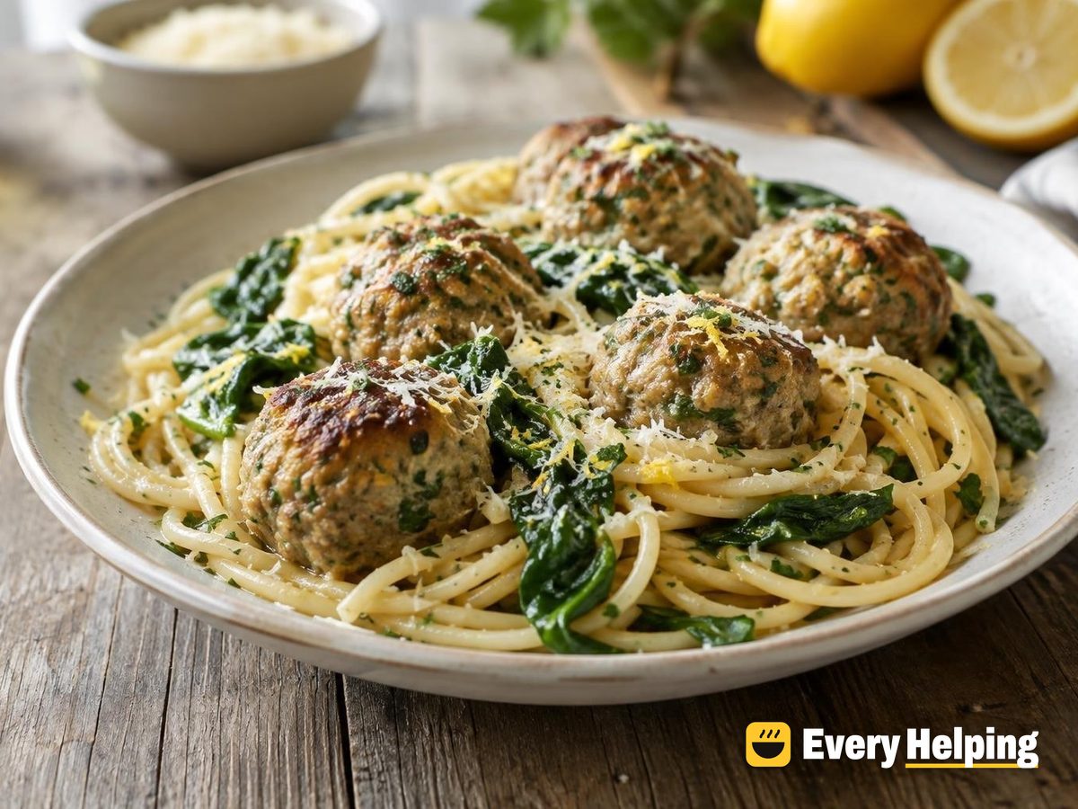 Pork Herb Meatballs with Garlic-Lemon Pasta