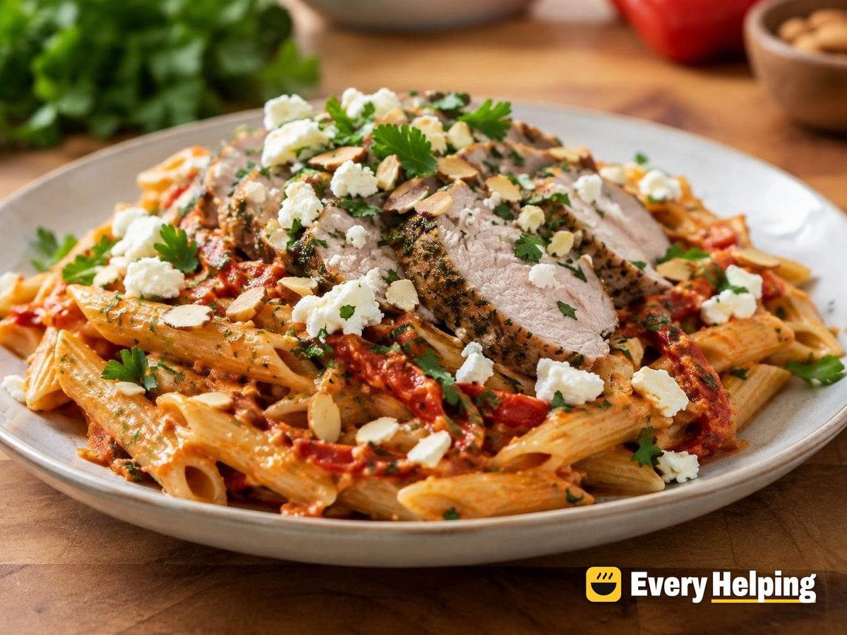 Roasted Pepper Almond Pasta with Herbed Pork
