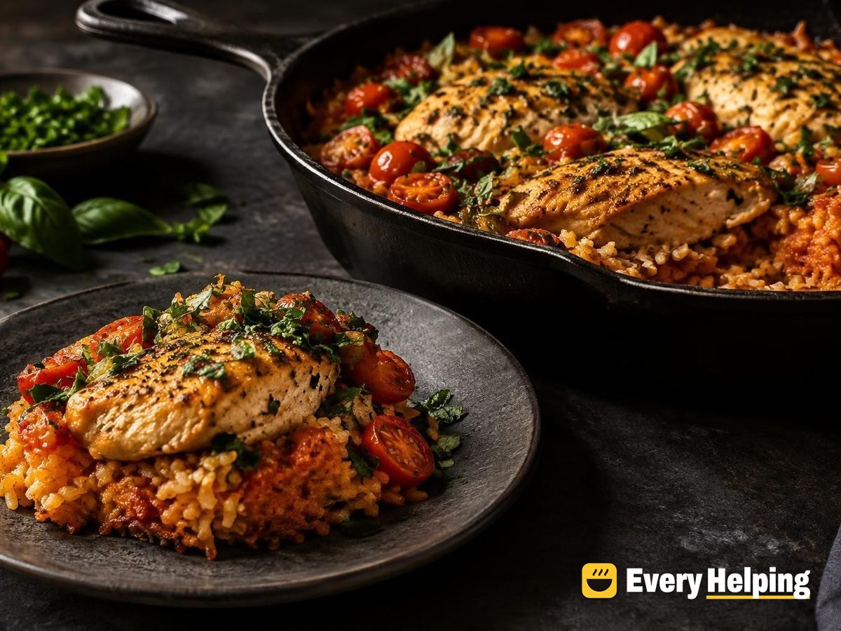 Crispy Skillet Tomato Rice with Chicken Breast