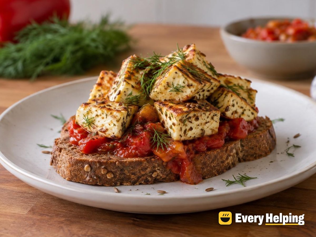 Seared Cumin-Dill Paneer with Tomato Chutney Toast
