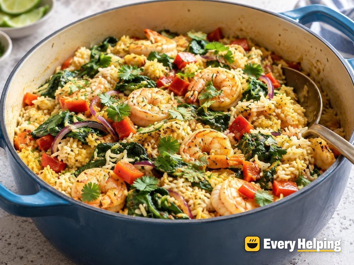 Coconut Cardamom Shrimp Biryani with Spinach