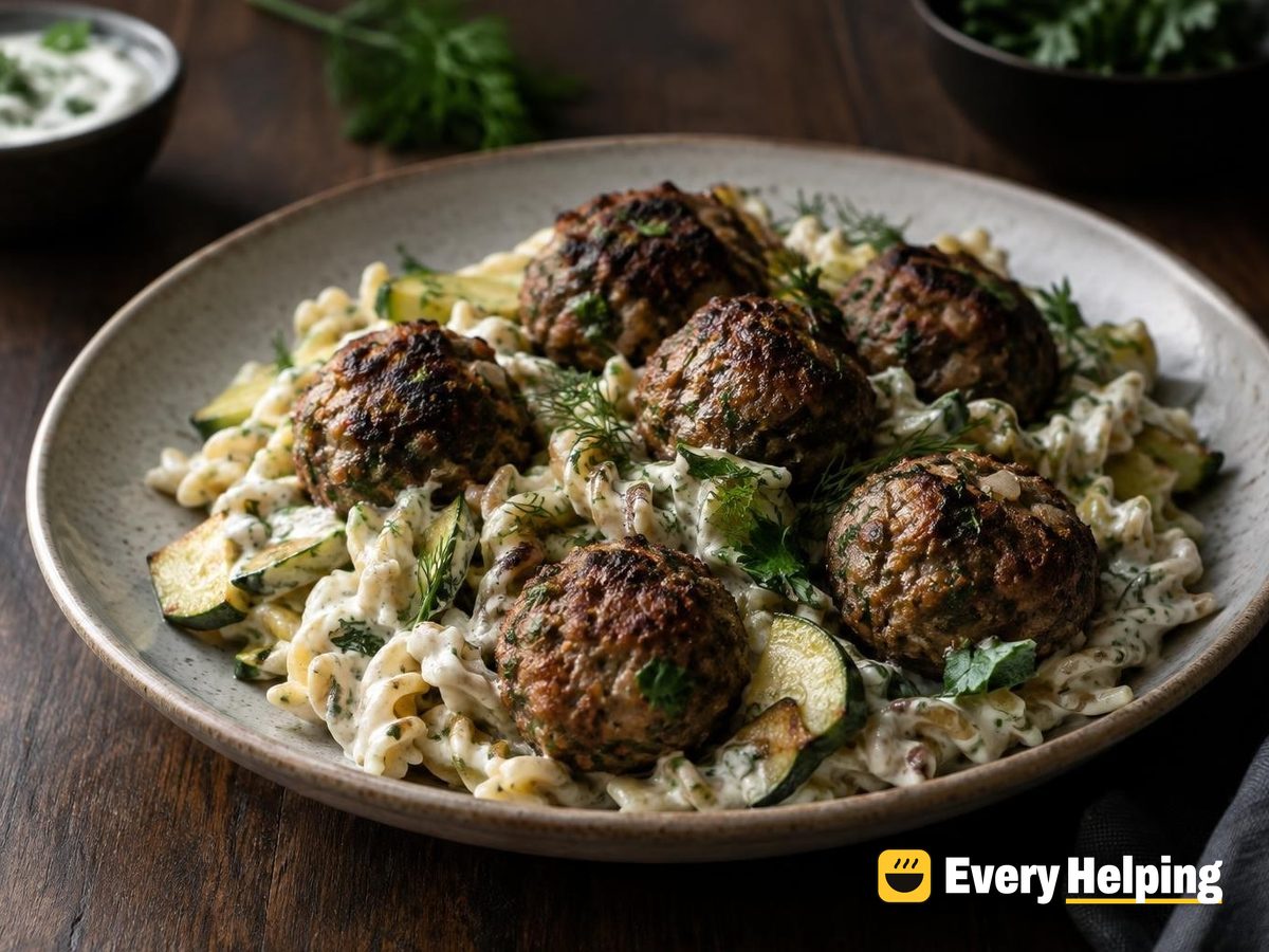 Cumin-Coriander Beef Meatballs with Herby Yogurt Pasta