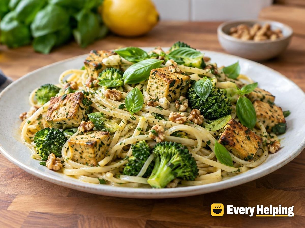 Basil Herb Linguine with Crispy Tofu and Broccoli