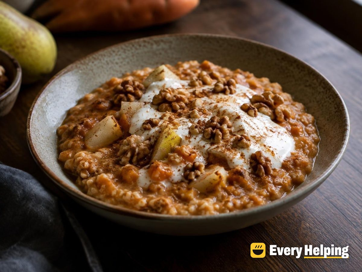 Gingerbread Sweet Potato Porridge with Pear and Kefir