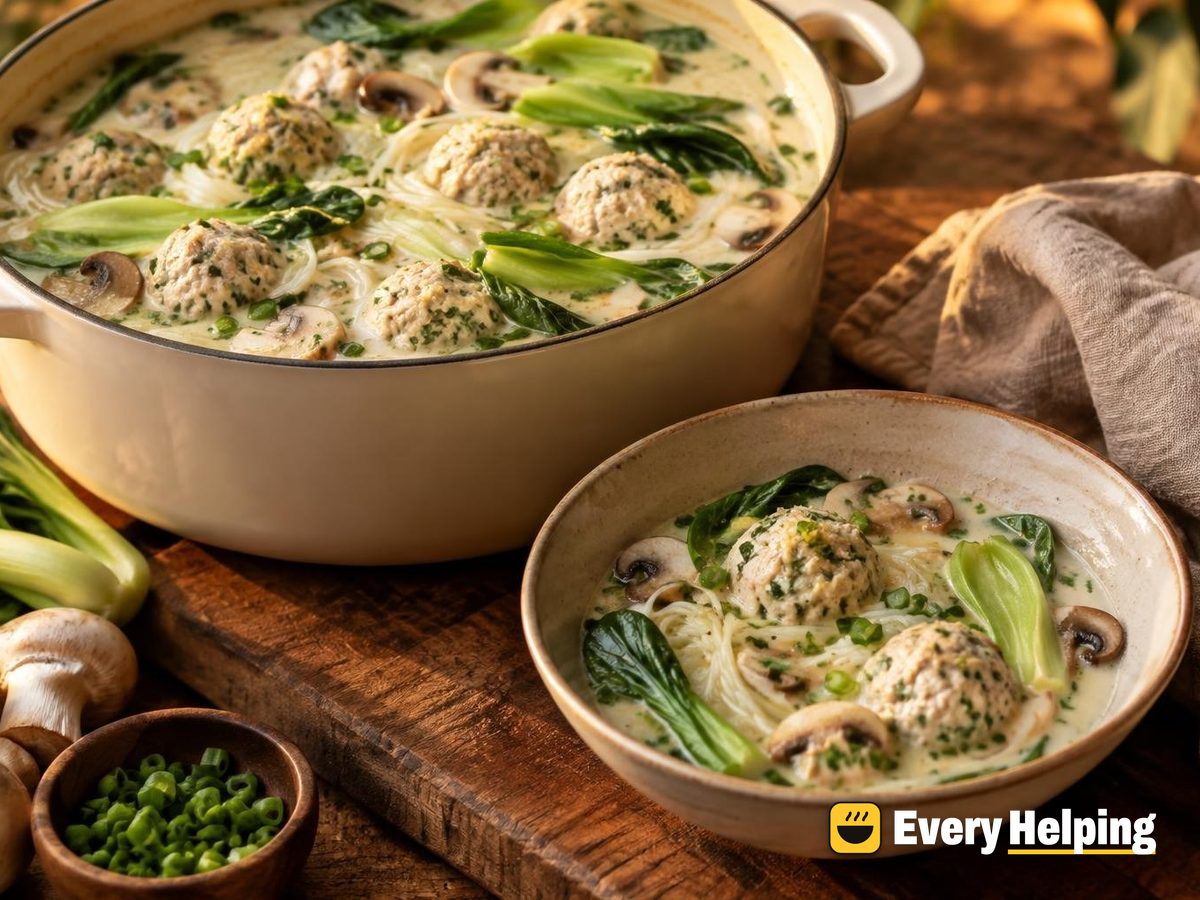 Ginger Turkey Meatball Coconut Mushroom Noodle Soup