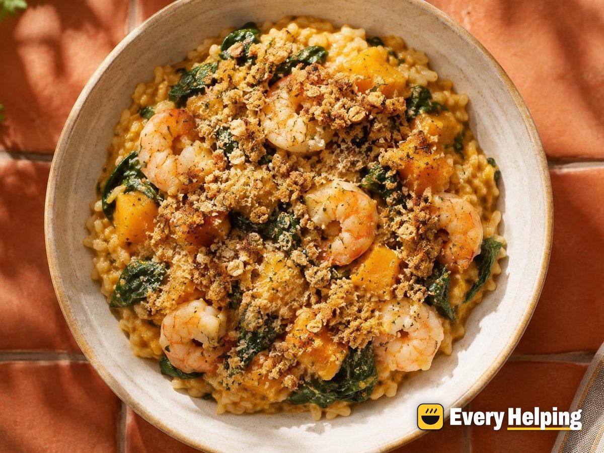 Shrimp and Butternut Rice Bake with Oat Crumb