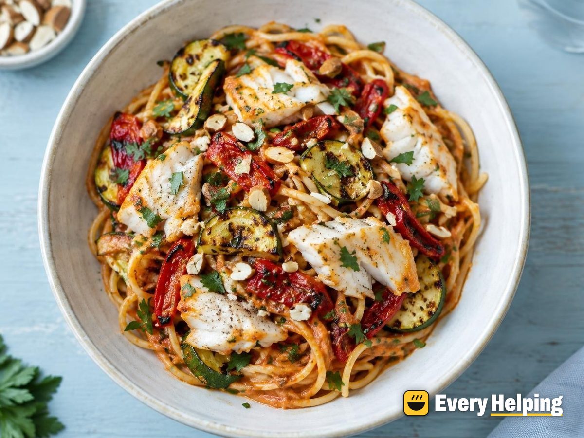 Smoky Cod Spaghetti with Roasted Pepper Romesco