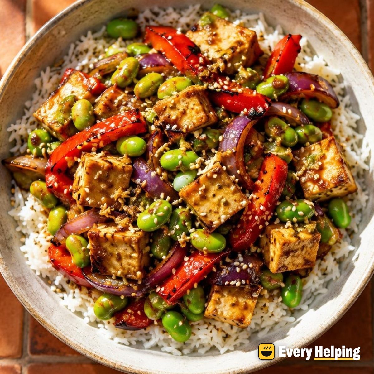 Ginger Tofu and Edamame Pepper Stir-Fry