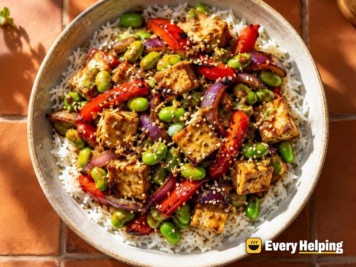 Ginger Tofu and Edamame Pepper Stir-Fry